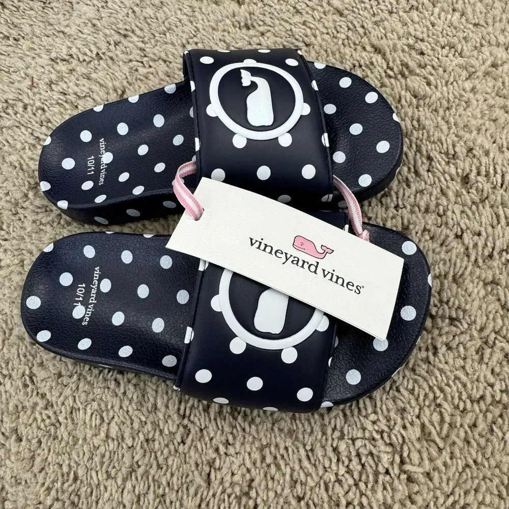 Vineyard Vines Slides Girls 10/11 Navy Polka Dot Whale Logo Poolside Sandal‎ NWT